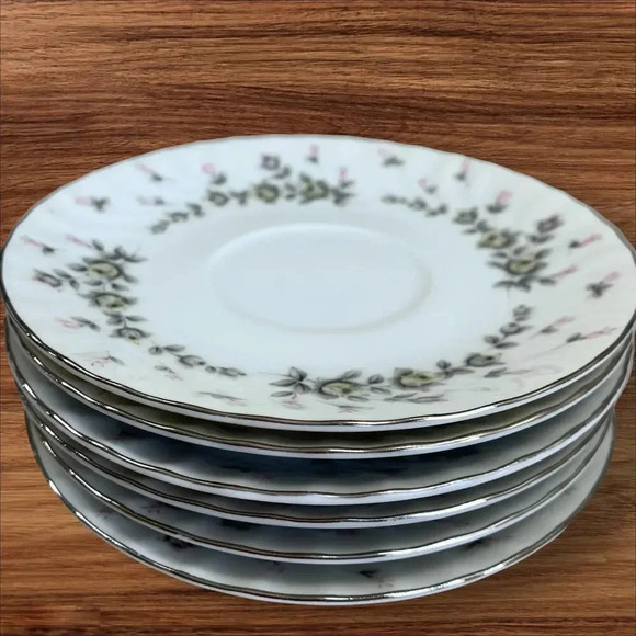Style House Vintage Platinum Rose Fine China Picardy Saucers Set of 6 Japan 6 In - Picture 4 of 9